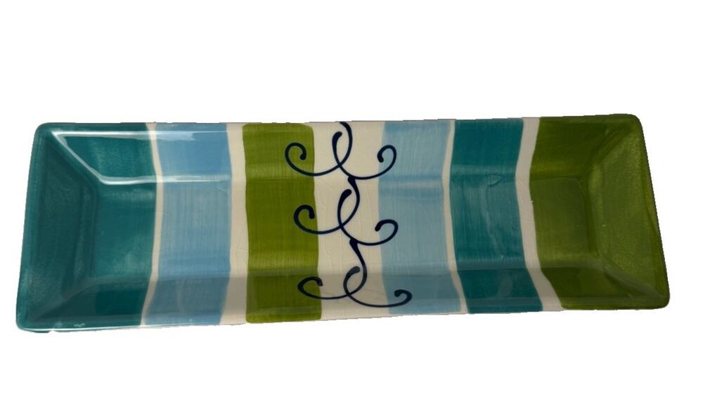 Crate & Barrel Lago Rectangular Serving Platter Blue Green Portugal 14”